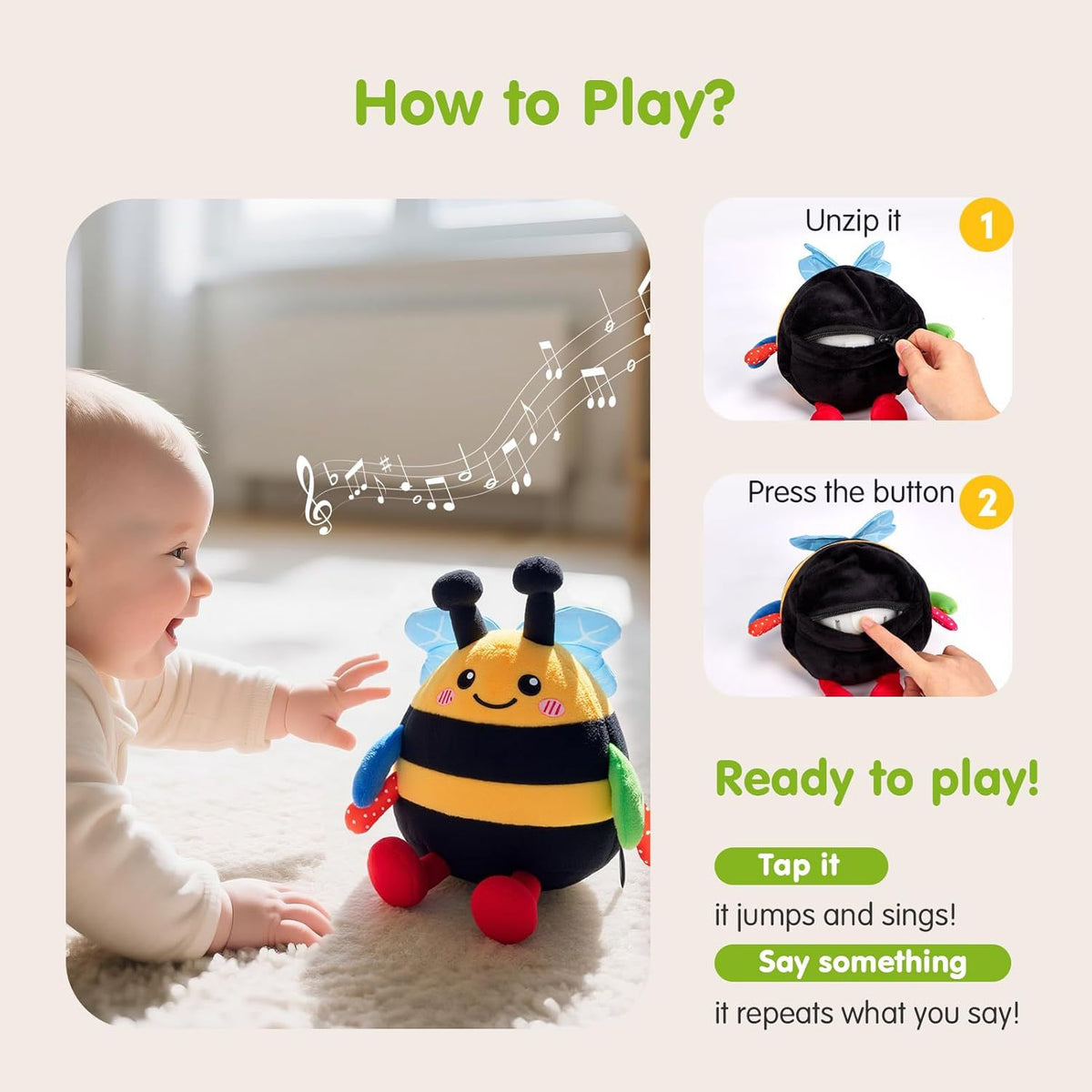 Buzzy Bee Baby Rattle Toy – Soft Plush Vibrating Bee with Music & Buzzing Sounds for Ages 6-12 Months