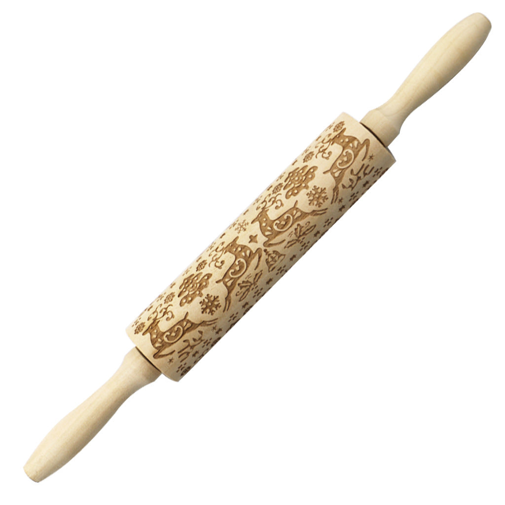 Christmas Elk Embossed Wooden Rolling Pin – Laser-Engraved Cookie Dough Roller for Festive Baking