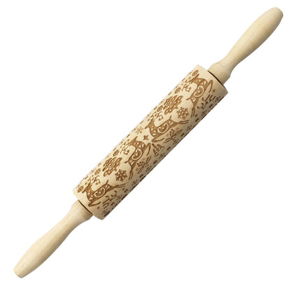 Christmas Elk Embossed Wooden Rolling Pin – Laser-Engraved Cookie Dough Roller for Festive Baking