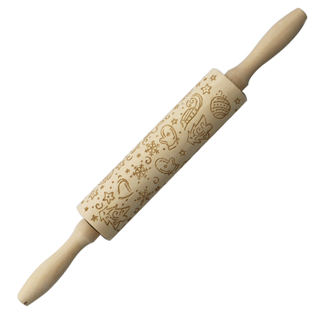 Christmas Elk Embossed Wooden Rolling Pin – Laser-Engraved Cookie Dough Roller for Festive Baking