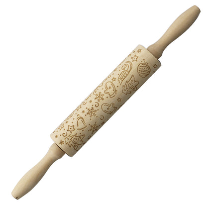 Christmas Elk Embossed Wooden Rolling Pin – Laser-Engraved Cookie Dough Roller for Festive Baking