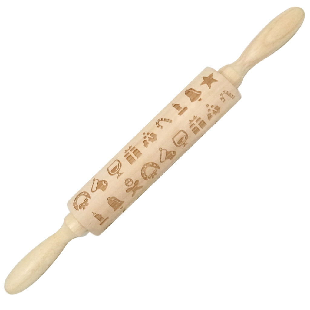 Christmas Elk Embossed Wooden Rolling Pin – Laser-Engraved Cookie Dough Roller for Festive Baking