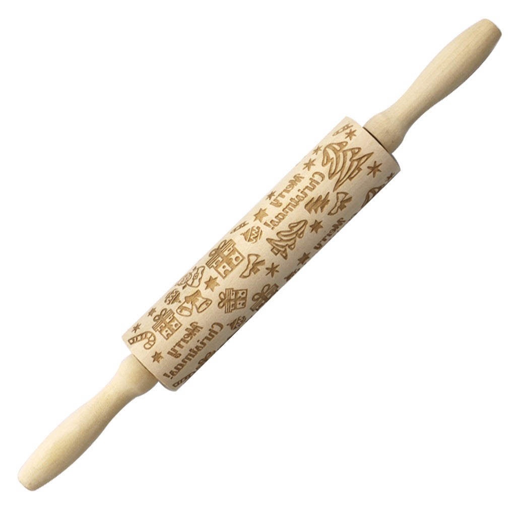 Christmas Elk Embossed Wooden Rolling Pin – Laser-Engraved Cookie Dough Roller for Festive Baking