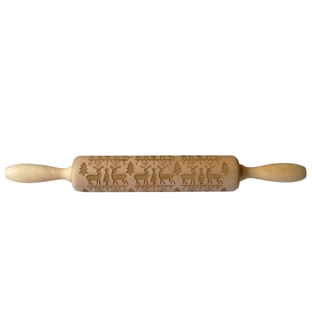 Christmas Elk Embossed Wooden Rolling Pin – Laser-Engraved Cookie Dough Roller for Festive Baking