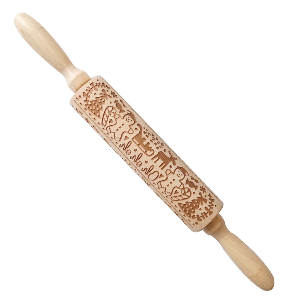 Christmas Elk Embossed Wooden Rolling Pin – Laser-Engraved Cookie Dough Roller for Festive Baking