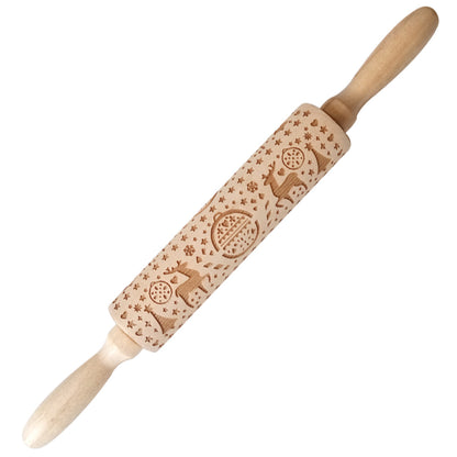 Christmas Elk Embossed Wooden Rolling Pin – Laser-Engraved Cookie Dough Roller for Festive Baking