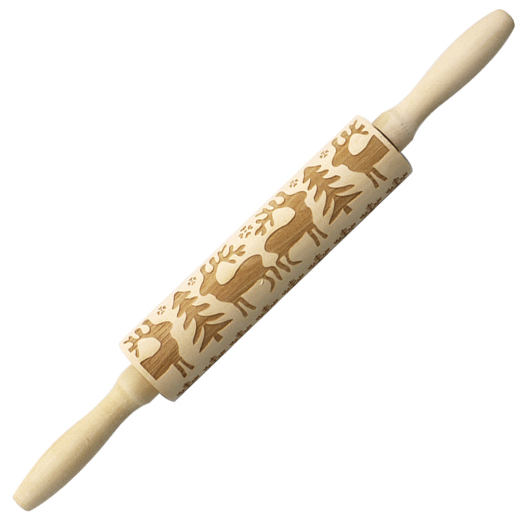 Christmas Elk Embossed Wooden Rolling Pin – Laser-Engraved Cookie Dough Roller for Festive Baking
