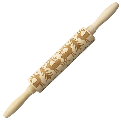 Christmas Elk Embossed Wooden Rolling Pin – Laser-Engraved Cookie Dough Roller for Festive Baking
