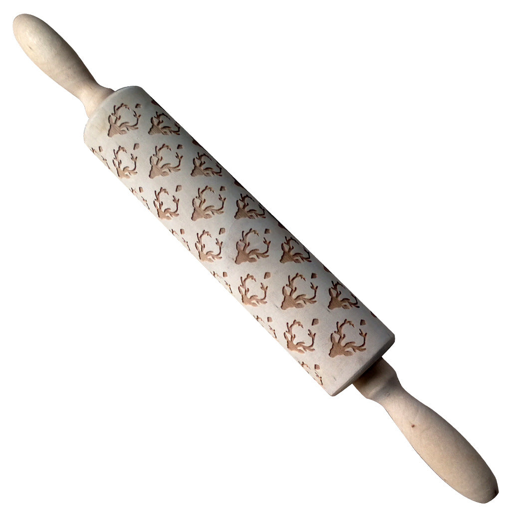 Christmas Elk Embossed Wooden Rolling Pin – Laser-Engraved Cookie Dough Roller for Festive Baking