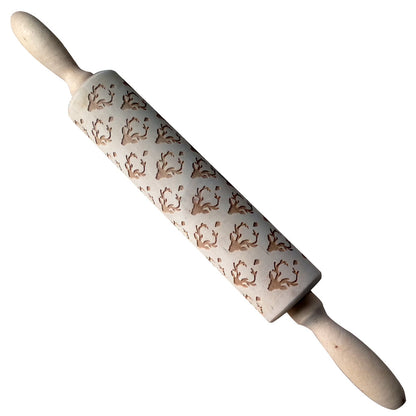 Christmas Elk Embossed Wooden Rolling Pin – Laser-Engraved Cookie Dough Roller for Festive Baking