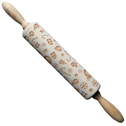 Christmas Elk Embossed Wooden Rolling Pin – Laser-Engraved Cookie Dough Roller for Festive Baking