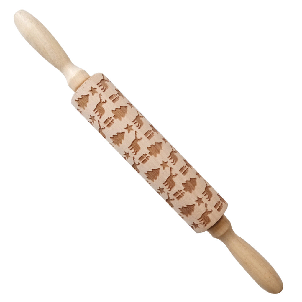 Christmas Elk Embossed Wooden Rolling Pin – Laser-Engraved Cookie Dough Roller for Festive Baking