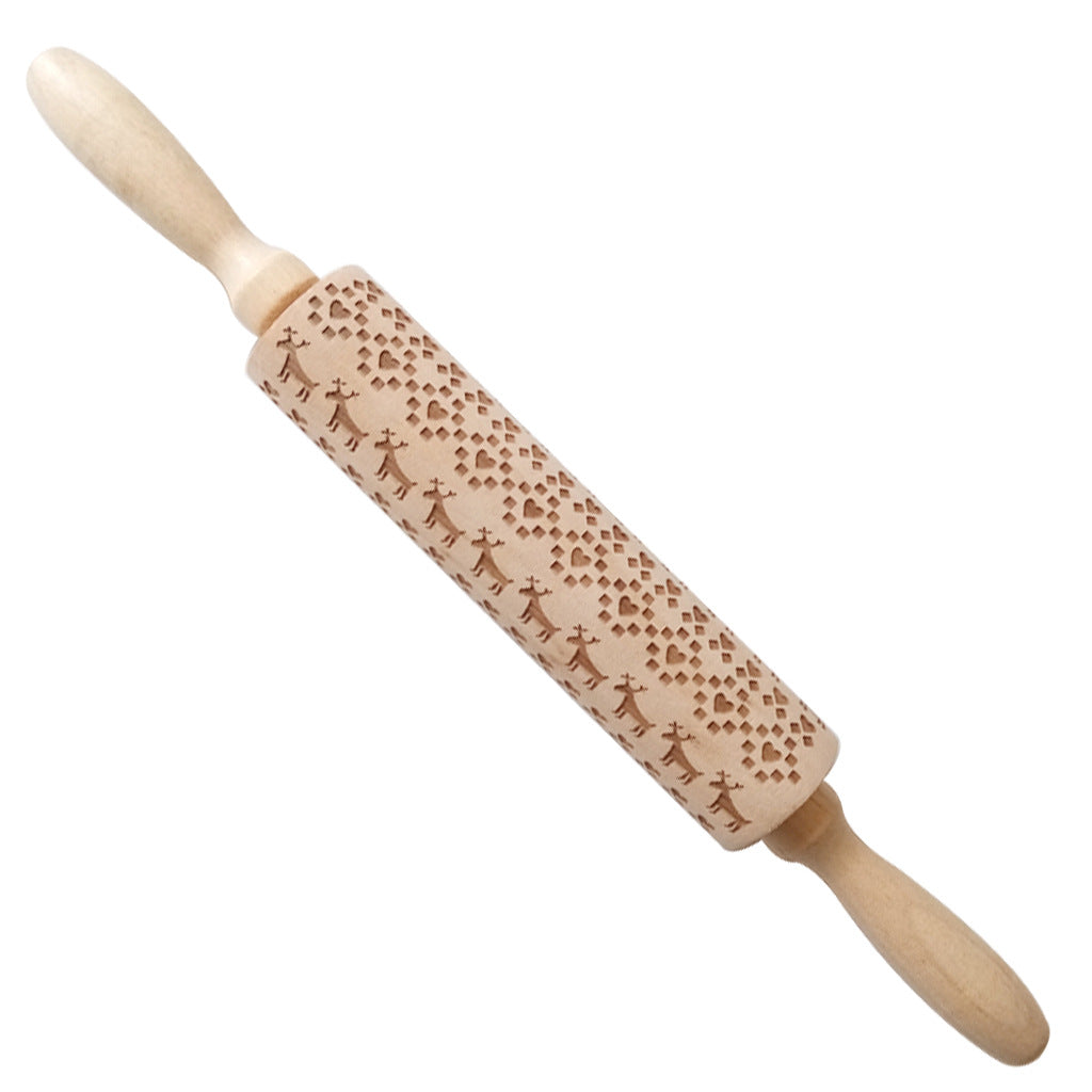 Christmas Elk Embossed Wooden Rolling Pin – Laser-Engraved Cookie Dough Roller for Festive Baking