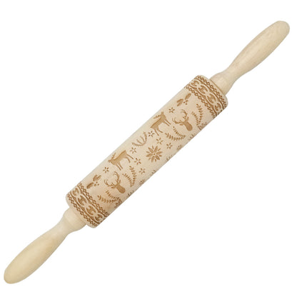 Christmas Elk Embossed Wooden Rolling Pin – Laser-Engraved Cookie Dough Roller for Festive Baking