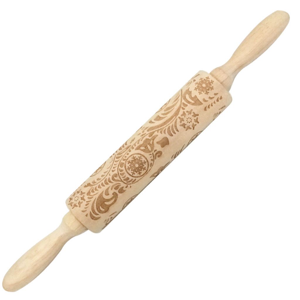 Christmas Elk Embossed Wooden Rolling Pin – Laser-Engraved Cookie Dough Roller for Festive Baking