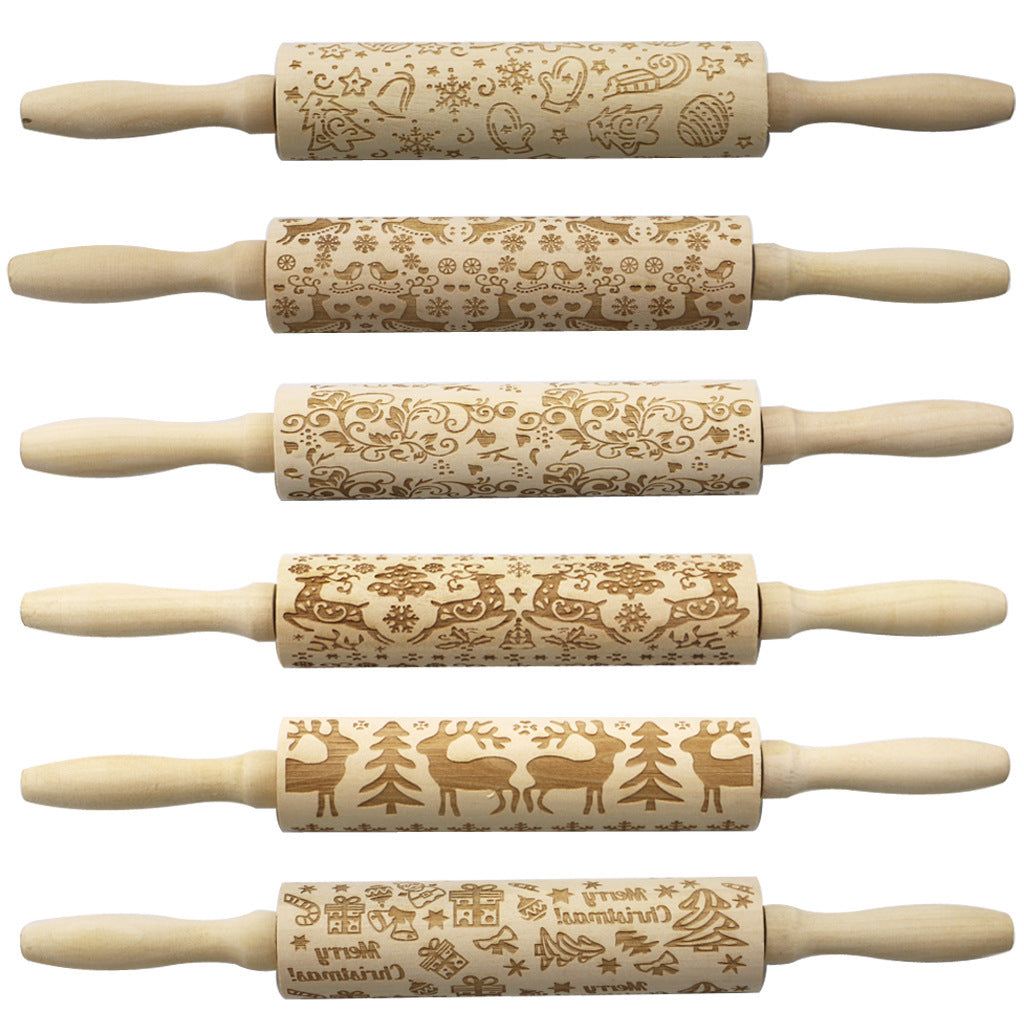 Christmas Elk Embossed Wooden Rolling Pin – Laser-Engraved Cookie Dough Roller for Festive Baking
