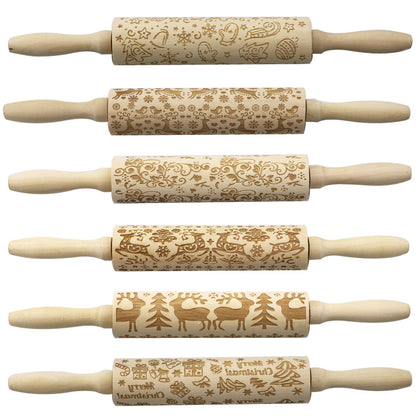 Christmas Elk Embossed Wooden Rolling Pin – Laser-Engraved Cookie Dough Roller for Festive Baking