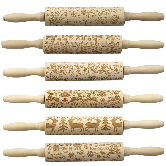 Christmas Elk Embossed Wooden Rolling Pin – Laser-Engraved Cookie Dough Roller for Festive Baking