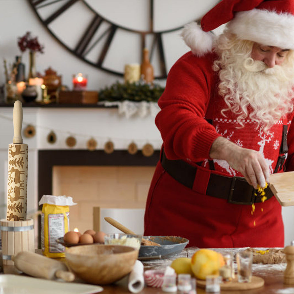 Christmas Elk Embossed Wooden Rolling Pin – Laser-Engraved Cookie Dough Roller for Festive Baking