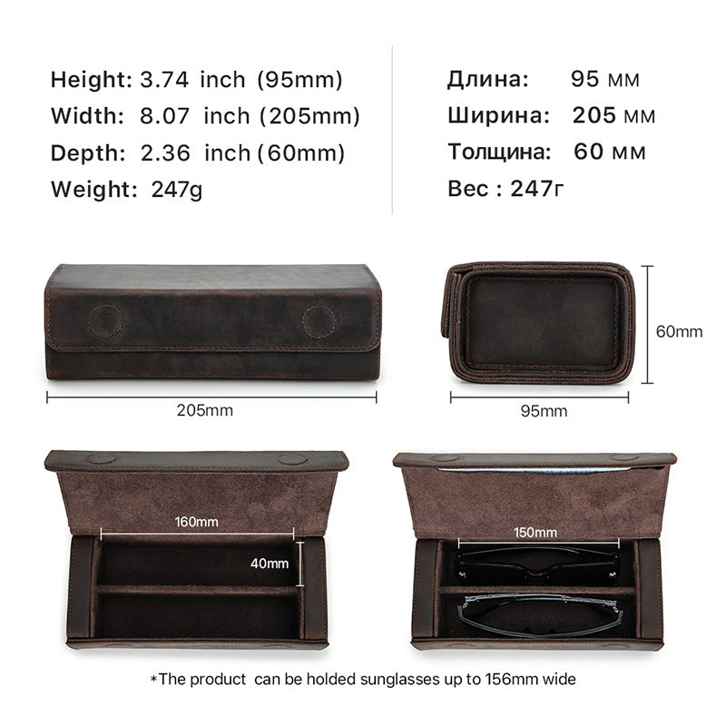 Vintage Crazy Horse Leather Rectangular Glasses Case Two-Pack Handmade Magnetic Buckle Travel Glasses Storage Box Wholesale