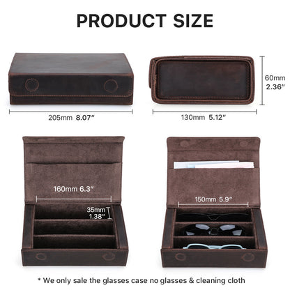 Vintage Crazy Horse Leather Glasses Case Handmade Rectangular Magnetic Buckle Travel Three Sunglasses Storage Box