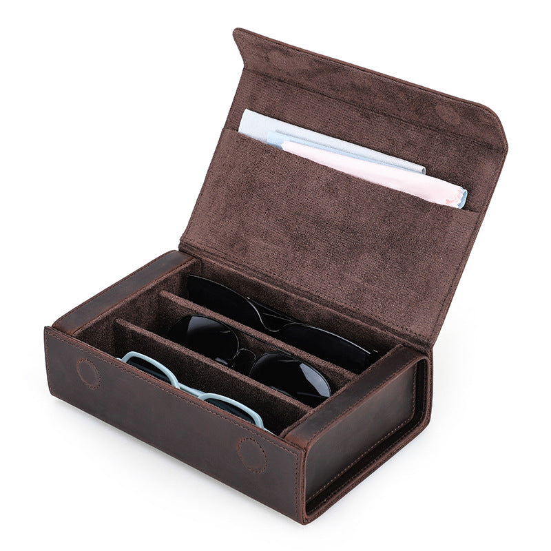 Vintage Crazy Horse Leather Glasses Case Handmade Rectangular Magnetic Buckle Travel Three Sunglasses Storage Box