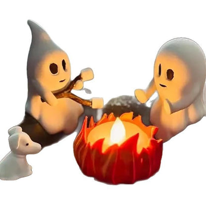 Two ghost-like characters around a campfire on a white background