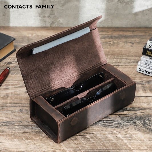 Vintage Crazy Horse Leather Rectangular Glasses Case Two-Pack Handmade Magnetic Buckle Travel Glasses Storage Box Wholesale