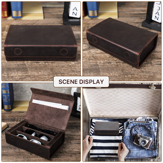 Vintage Crazy Horse Leather Glasses Case Handmade Rectangular Magnetic Buckle Travel Three Sunglasses Storage Box