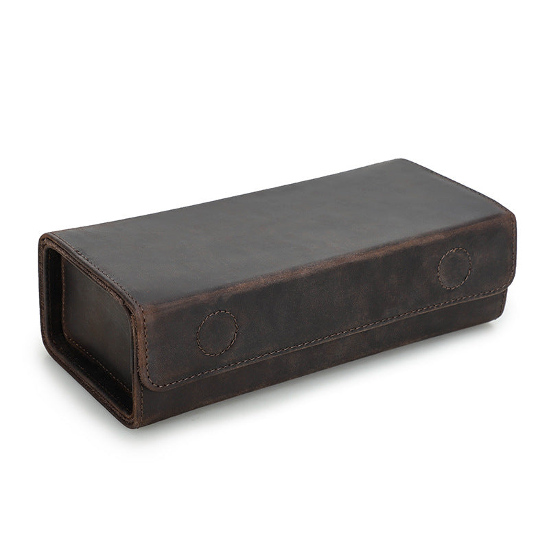 Vintage Crazy Horse Leather Rectangular Glasses Case Two-Pack Handmade Magnetic Buckle Travel Glasses Storage Box Wholesale