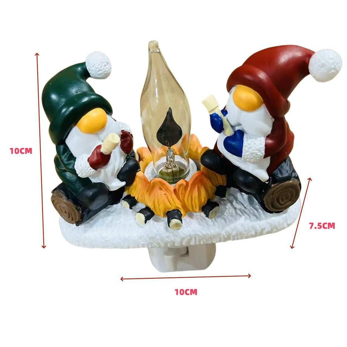 Decorative night light with two gnomes by a campfire, showing measurements on a white background.