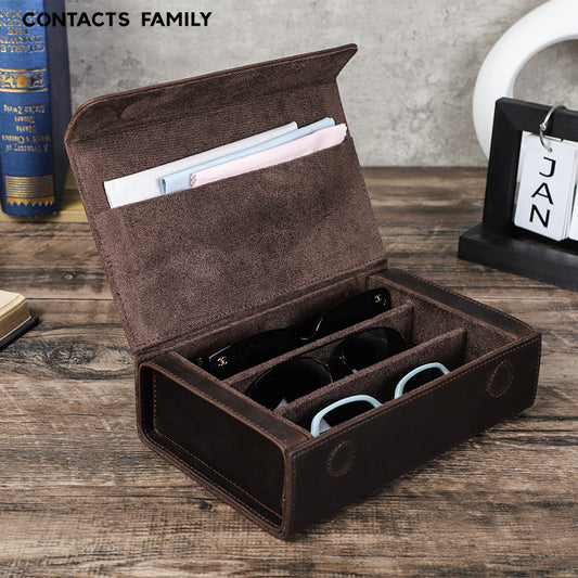 Vintage Crazy Horse Leather Glasses Case Handmade Rectangular Magnetic Buckle Travel Three Sunglasses Storage Box