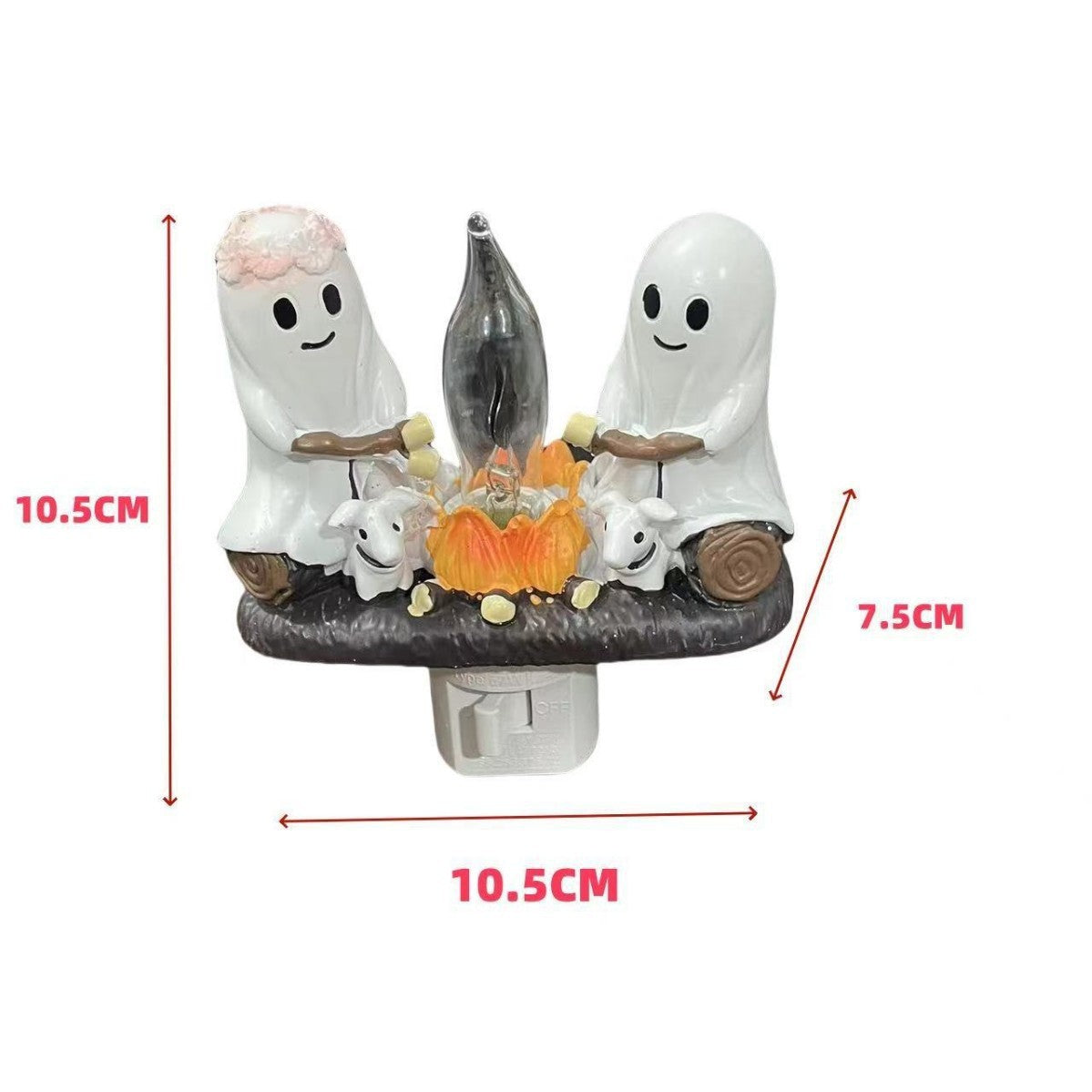 Halloween-themed night light with ghosts and a pumpkin, showing measurements on a white background.