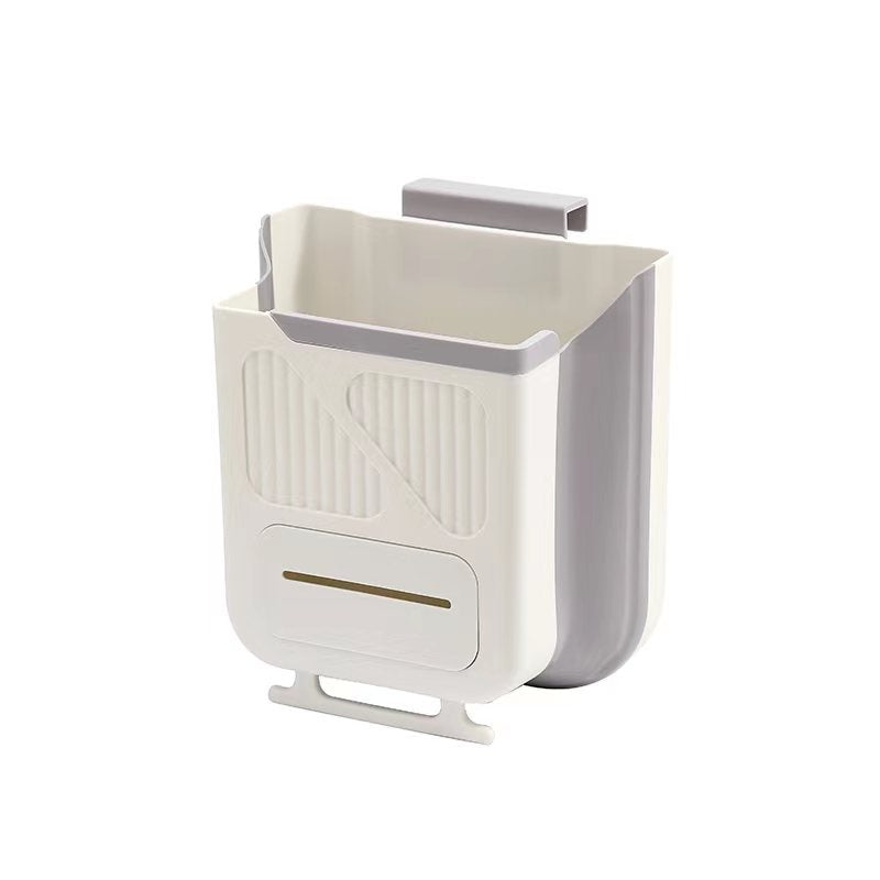 Foldable 10L Kitchen Trash Can – Wall-Mounted Cabinet Door Garbage Bin, Telescopic No-Lid Plastic Wastebasket (Off-White)