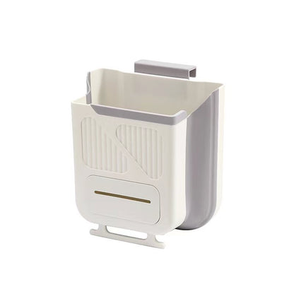Foldable 10L Kitchen Trash Can – Wall-Mounted Cabinet Door Garbage Bin, Telescopic No-Lid Plastic Wastebasket (Off-White)