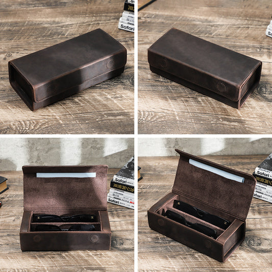 Vintage Crazy Horse Leather Rectangular Glasses Case Two-Pack Handmade Magnetic Buckle Travel Glasses Storage Box Wholesale