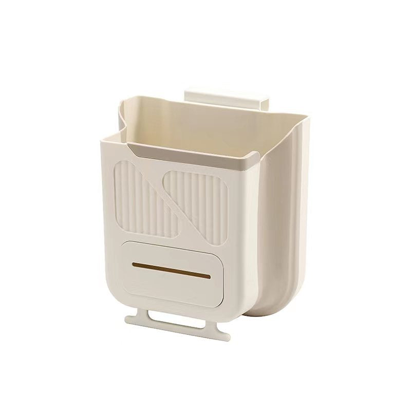 Foldable 10L Kitchen Trash Can – Wall-Mounted Cabinet Door Garbage Bin, Telescopic No-Lid Plastic Wastebasket (Off-White)