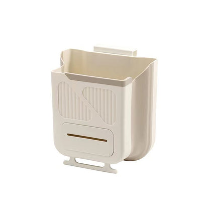 Foldable 10L Kitchen Trash Can – Wall-Mounted Cabinet Door Garbage Bin, Telescopic No-Lid Plastic Wastebasket (Off-White)