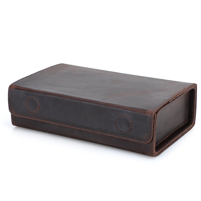 Vintage Crazy Horse Leather Glasses Case Handmade Rectangular Magnetic Buckle Travel Three Sunglasses Storage Box