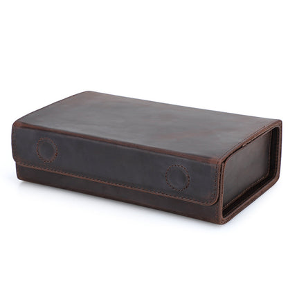 Vintage Crazy Horse Leather Glasses Case Handmade Rectangular Magnetic Buckle Travel Three Sunglasses Storage Box