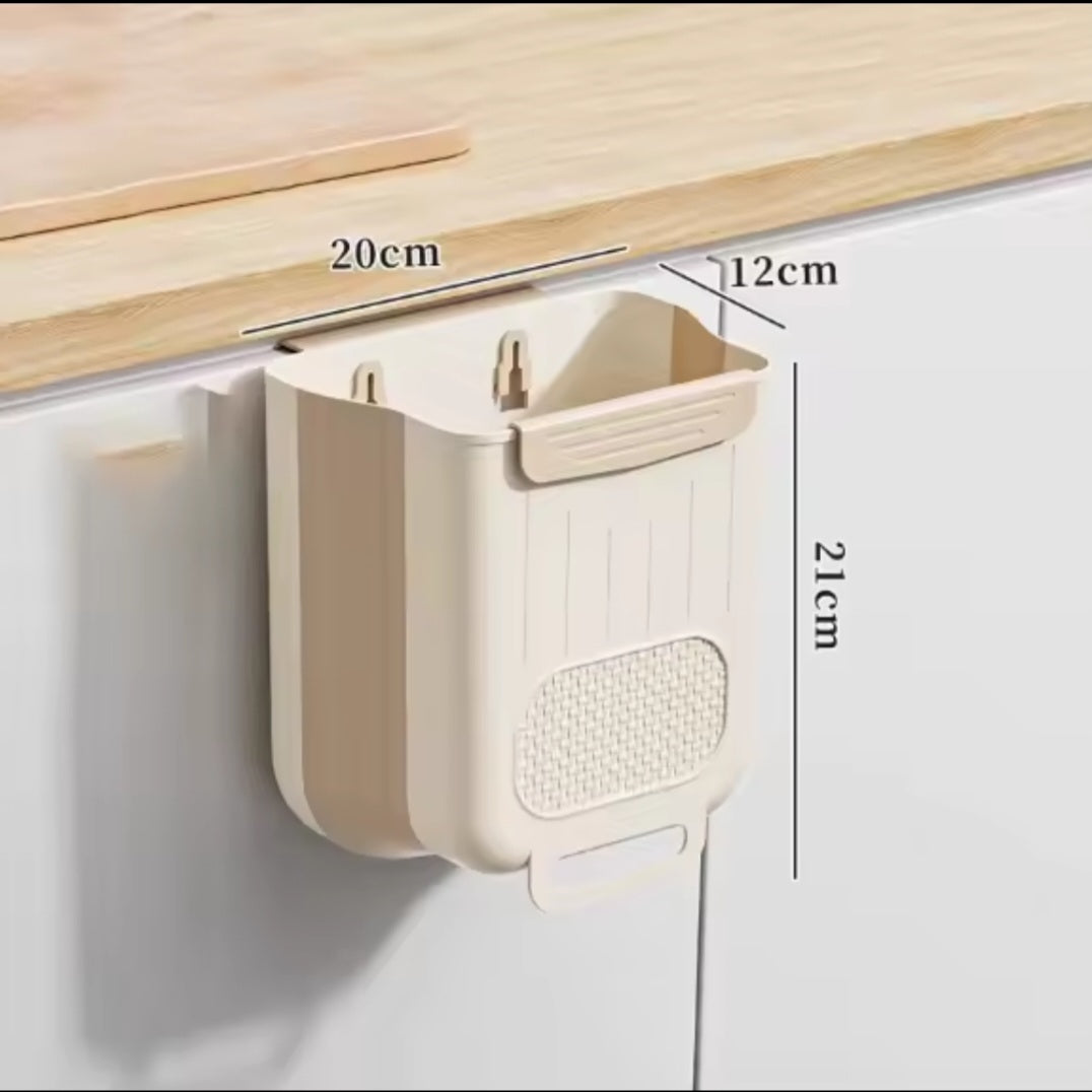 Foldable 10L Kitchen Trash Can – Wall-Mounted Cabinet Door Garbage Bin, Telescopic No-Lid Plastic Wastebasket (Off-White)